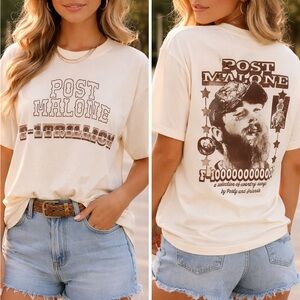 Post Malone Graphic Tee in Cream with Brown Print